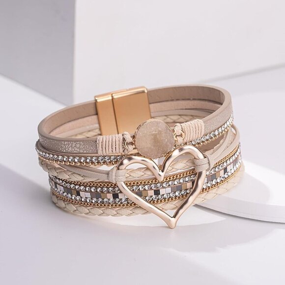 Heart Leather Wrap Bracelets Boho Chain Bangle Jewelry for Women Gift - Picture 9 of 9